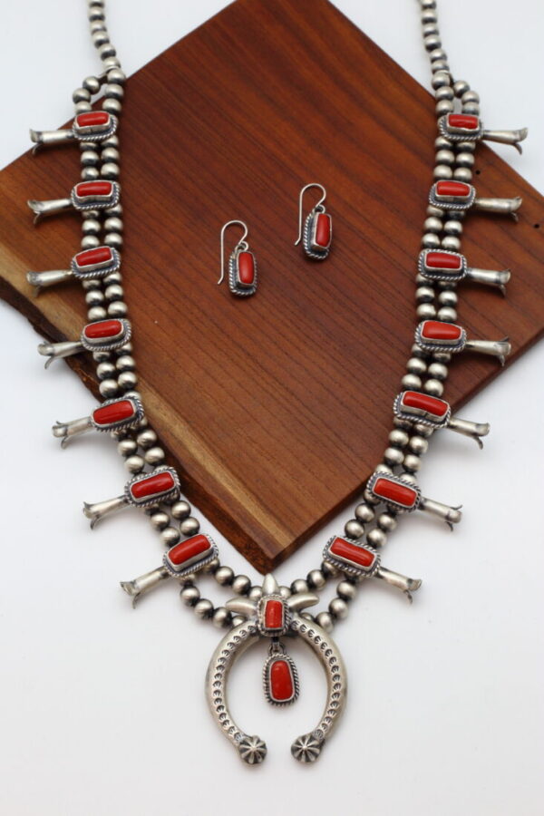 Navajo Red Coral Squash Blossom Necklace Earring Set - Image 3